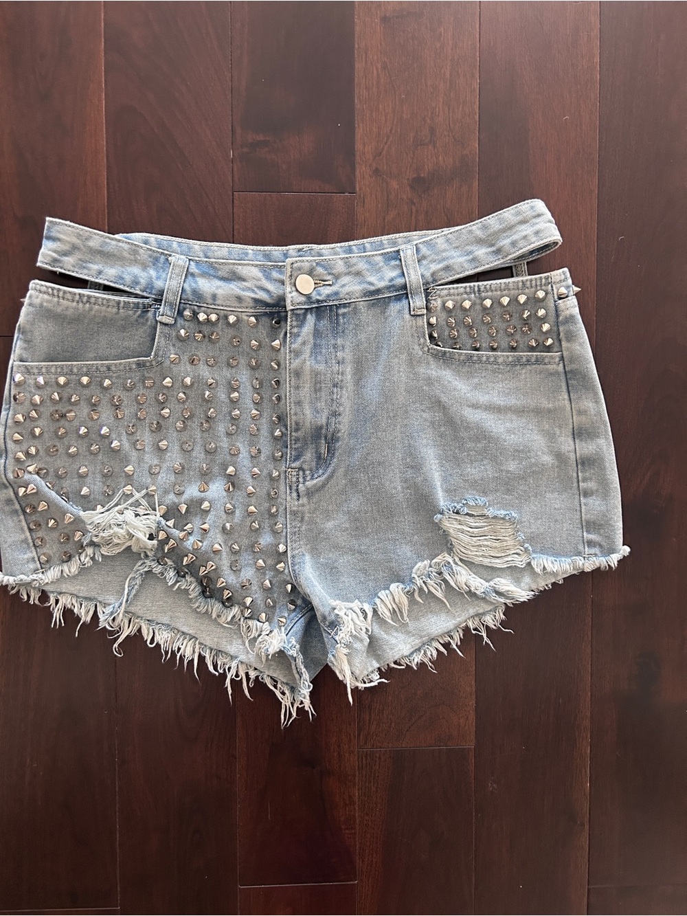 SHEIN Light Blue Studded Distressed Denim Shorts
